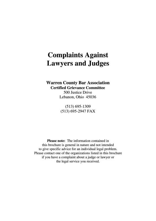 Complaints Against Lawyers And Judges - Warren County Bar Association Printable pdf
