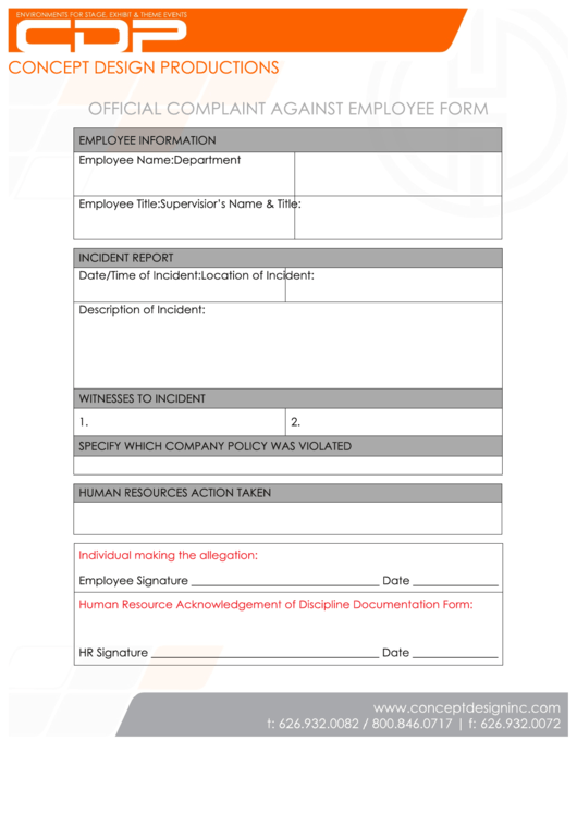 Fillable Official Complaint Against Employee Form Printable pdf
