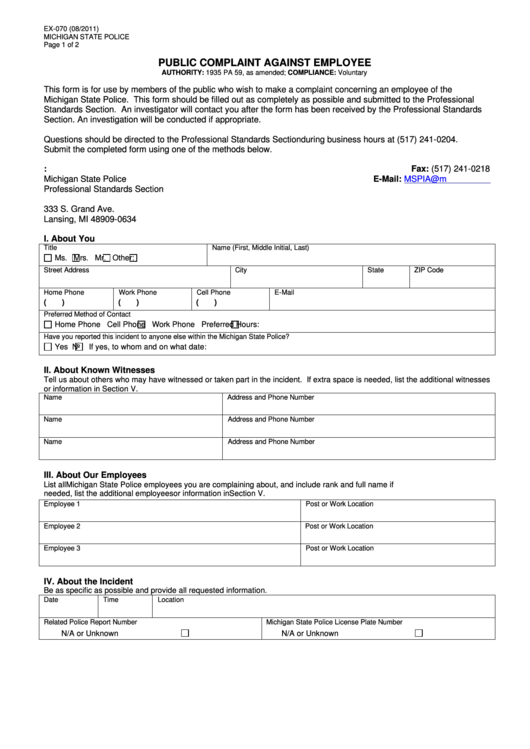 Fillable Form Ex-070 - Public Complaint Against Employee Printable pdf
