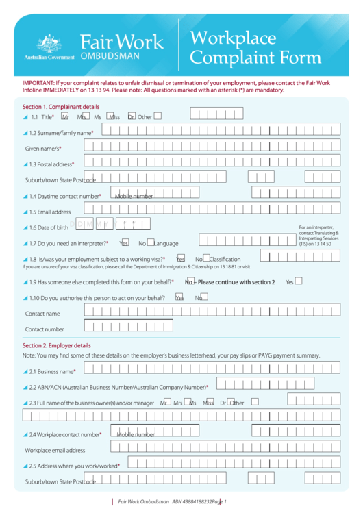 Fillable Workplace Complaint Form Fair Work Ombudsman printable pdf