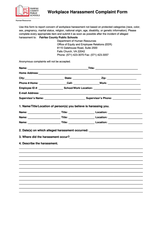 Fillable Workplace Harassment Complaint Form - Fairfax County Public Schools Printable pdf