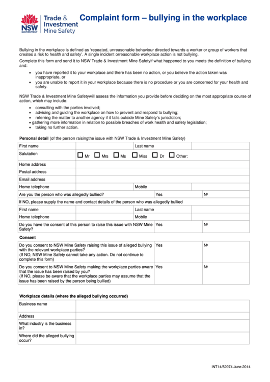 Complaint Form Bullying In The Workplace - Nsw Trade & Investment Mine Safety Printable pdf