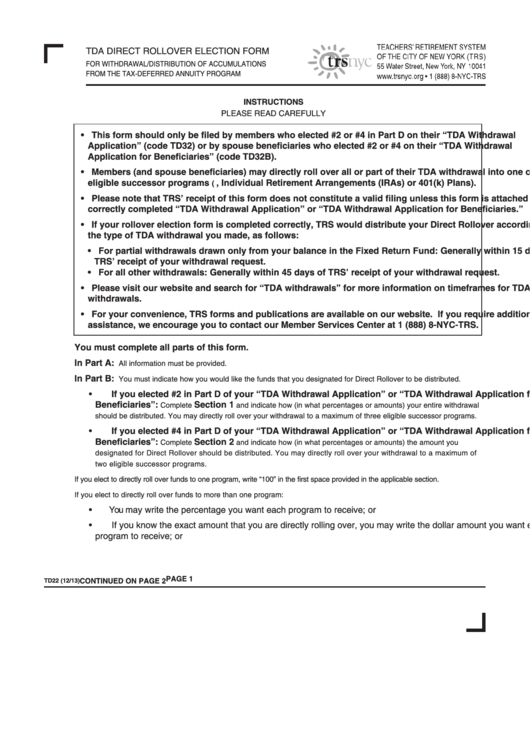 Form Td22 - Tda Direct Rollover Election Form Printable pdf