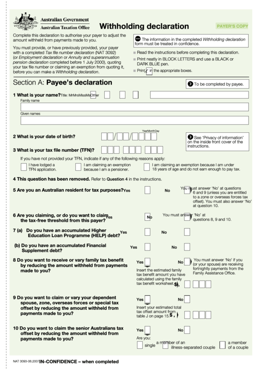 Withholding Declaration - Australian Government Taxation Office Printable pdf