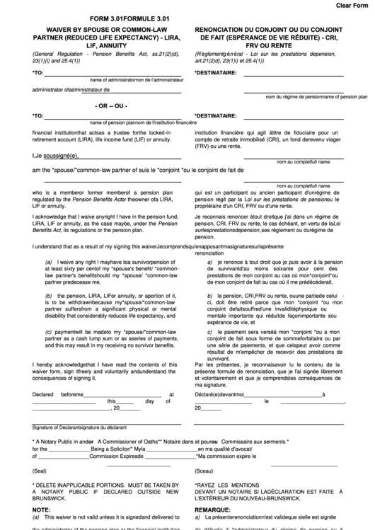 Fillable Form 3.01 - Waiver By Spouse Or Common-Law Partner (Reduced Life Expectancy) - Lira, Lif, Annuity Printable pdf