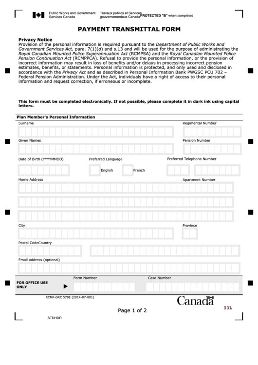 Fillable Payment Transmittal Form - Public Works And Government Services Canada Printable pdf