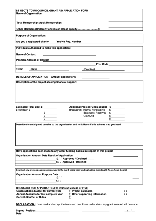 St Neots Town Council Grant Aid Application Form Printable pdf