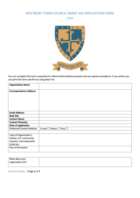 Westbury Town Council Grant Aid Application Form - 2016