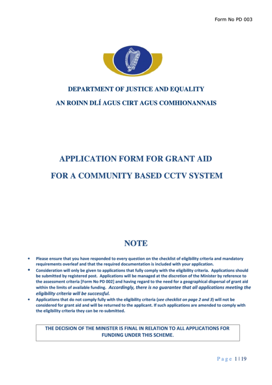Application Form For Grant Aid For A Community Based Cctv System - Ireland Department Of Justice And Equality Printable pdf