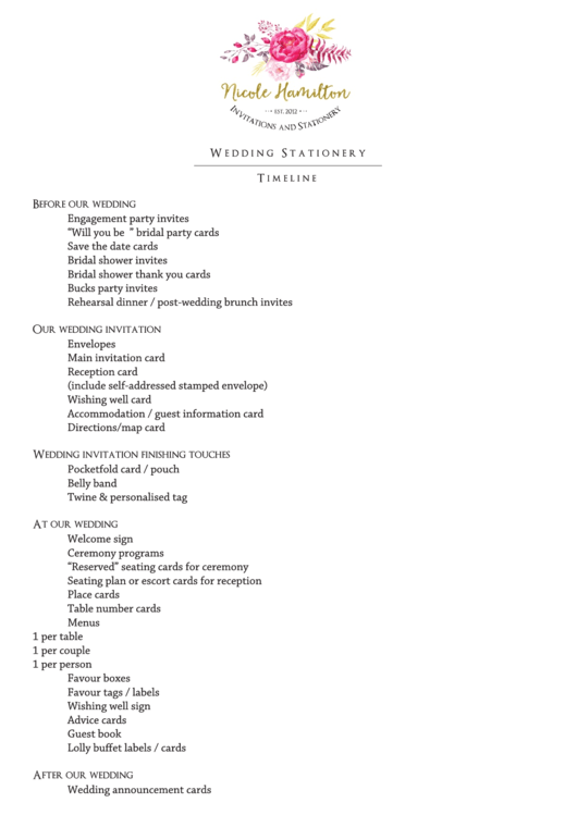 Wedding Stationery Checklist printable pdf download