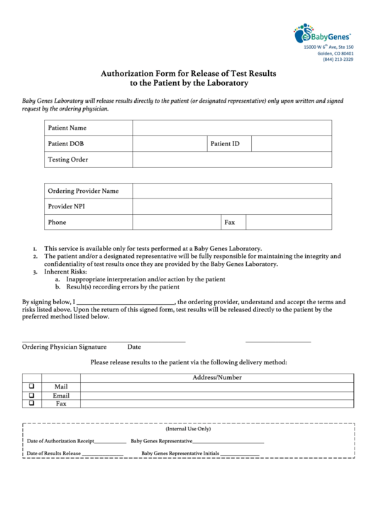 Authorization Form For Release Of Test Results To The Patient By The Laboratory