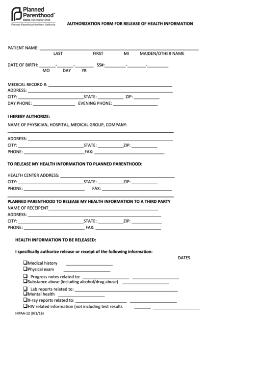 Form Hipaa-12 - Authorization Form For Release Of Health Information