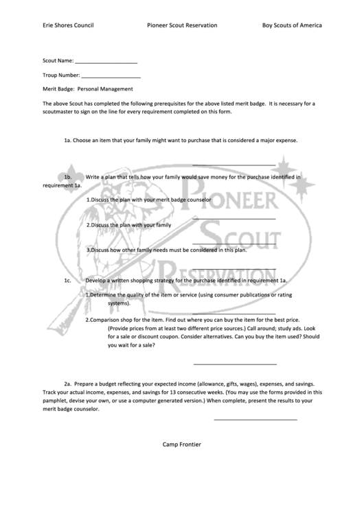 Personal Management Merit Badge Spreadsheet Printable pdf