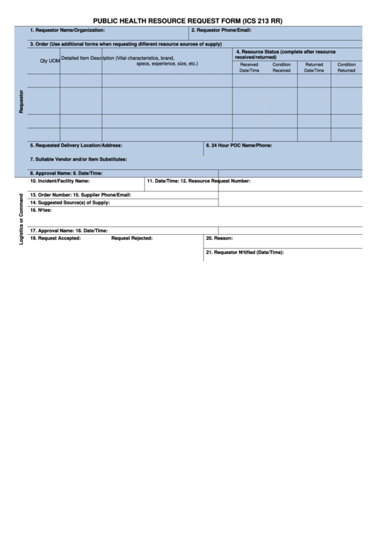 Form Ics 213 Pr - Public Health Resource Request Form Printable pdf