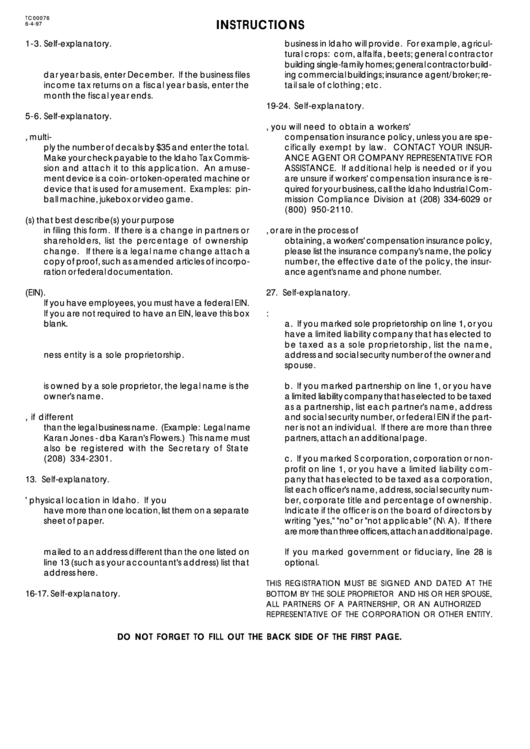 Instructions For Form Tc00076 - Business Registration Printable pdf