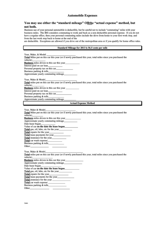 Automobile Expenses Sheet Printable pdf