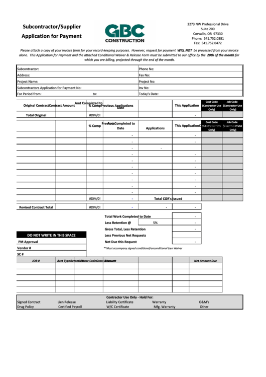 Subcontractor/supplier Application For Payment Template printable pdf