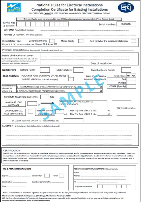 Sample Completion Certificate For Existing Installations Template Printable pdf