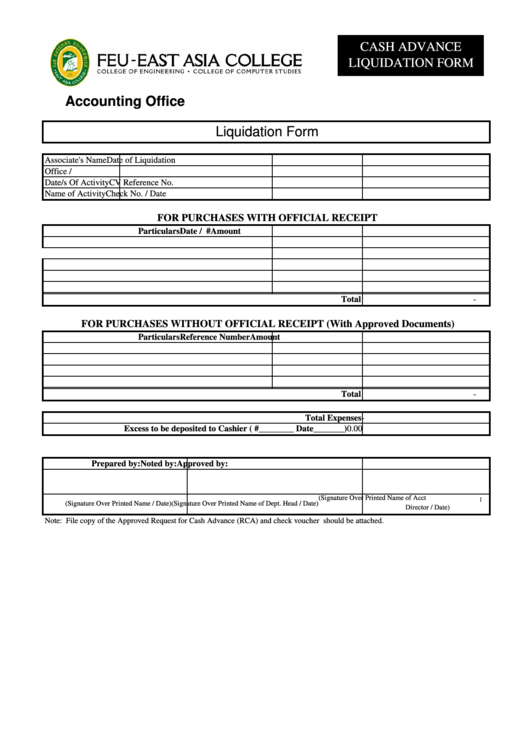 Cash Advance Liquidation Form Printable pdf
