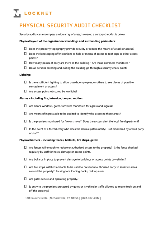 Physical Security Audit Checklist Template Printable pdf