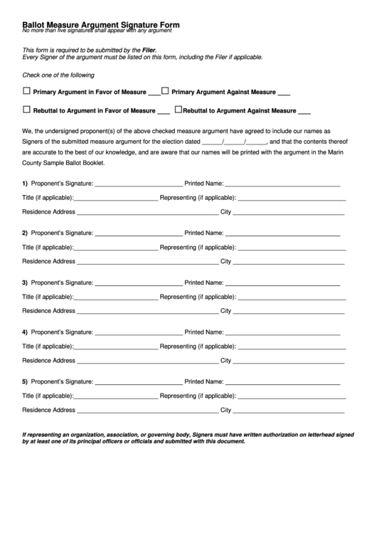 Ballot Measure Argument Signature Form Printable pdf