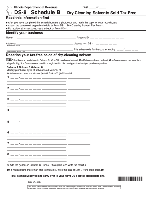 Fillable Schedule B (Form Ds-8) - Dry-Cleaning Solvents Sold Tax-Free Printable pdf