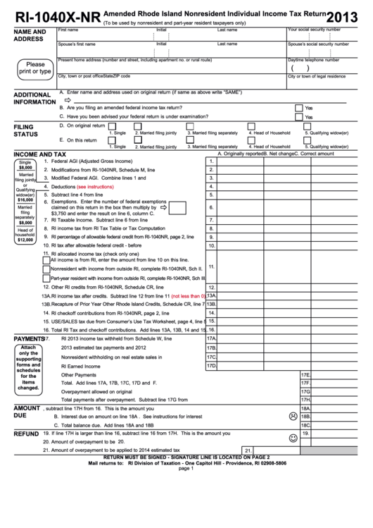 Fillable Form Ri-1040x-Nr - Amended Rhode Island Nonresident Individual Income Tax Return - 2013 Printable pdf