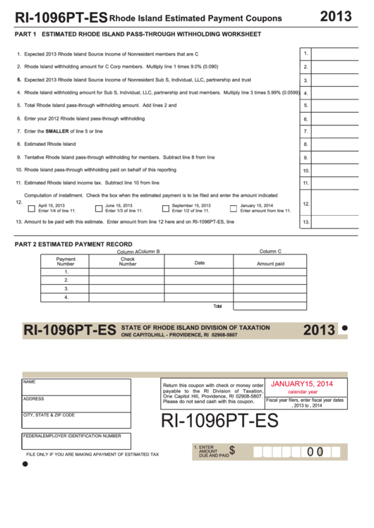 Fillable Form Ri-1096pt-Es - Rhode Island Estimated Payment Coupon - 2013 Printable pdf