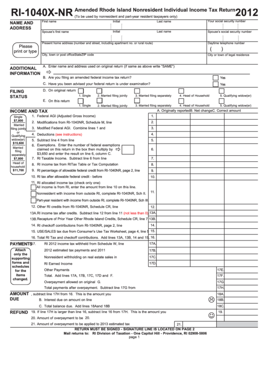 Fillable Form Ri-1040x-Nr - Amended Rhode Island Nonresident Individual Income Tax Return - 2012 Printable pdf