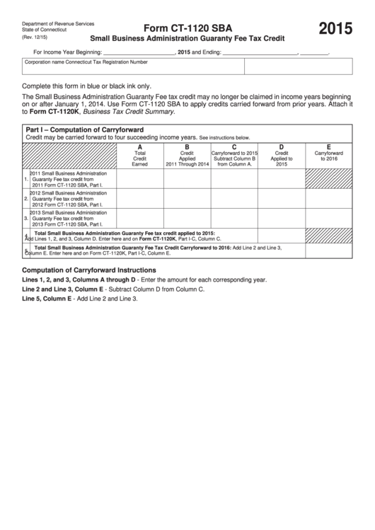 Form Ct-1120 Sba - Small Business Administration Guaranty Fee Tax Credit - 2015 Printable pdf