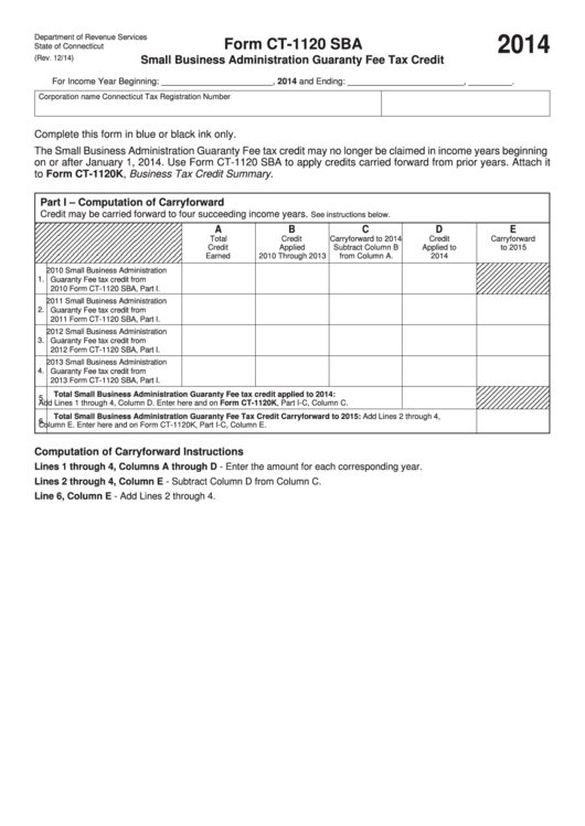 Form Ct-1120 Sba - Small Business Administration Guaranty Fee Tax Credit - 2014 Printable pdf