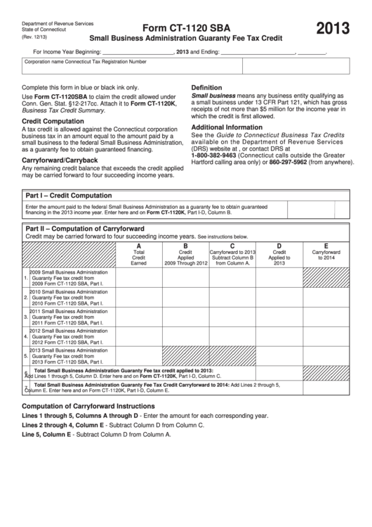 Form Ct-1120 Sba - Small Business Administration Guaranty Fee Tax Credit - 2013 Printable pdf