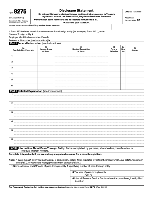 Fillable Form 8275 - Disclosure Statement Printable pdf
