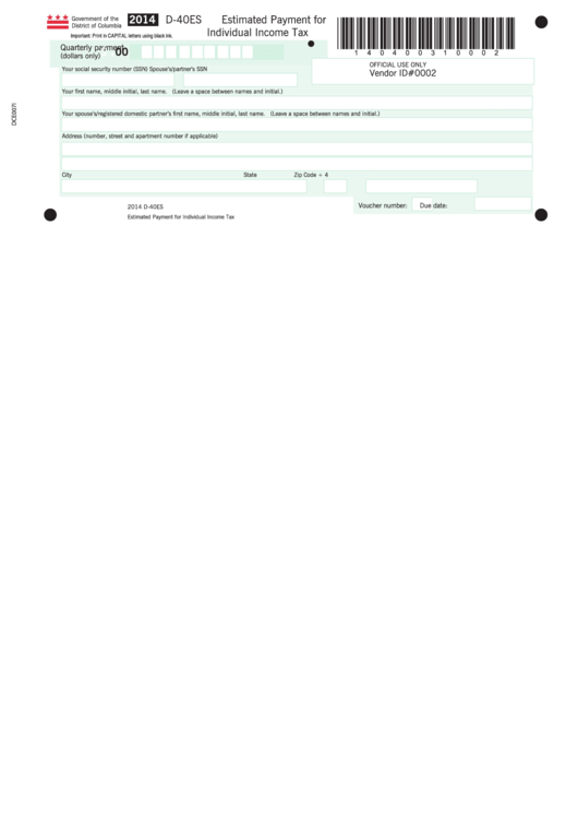 Form D-40es - Estimated Payment For Individual Income Tax - 2014