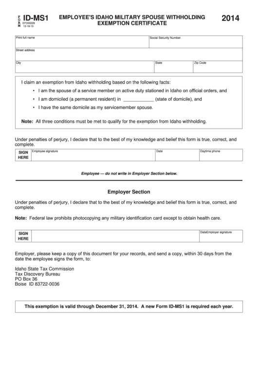 Form Id-ms1 - Employee's Idaho Military Spouse Withholding Exemption Certificate - 2014