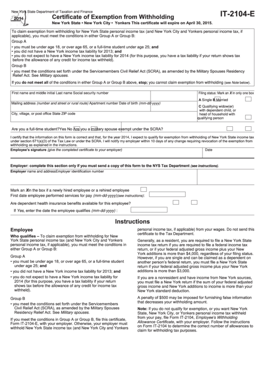 Form It-2104-E - Certificate Of Exemption From Withholding - 2014 Printable pdf