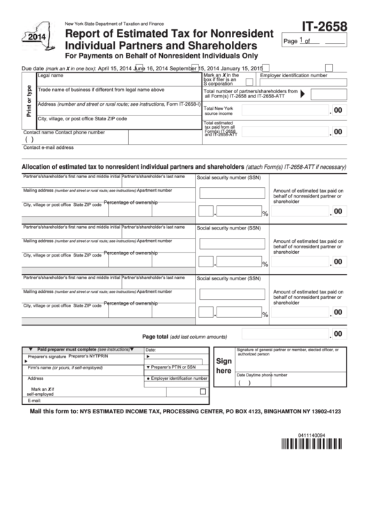 Fillable Form It-2658 - Report Of Estimated Tax For Nonresident Individual Partners And Shareholders - 2014 Printable pdf