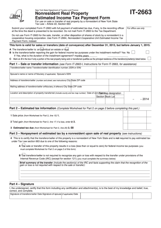 Fillable Form It-2663 - Nonresident Real Property Estimated Income Tax Payment Form - 2014 Printable pdf