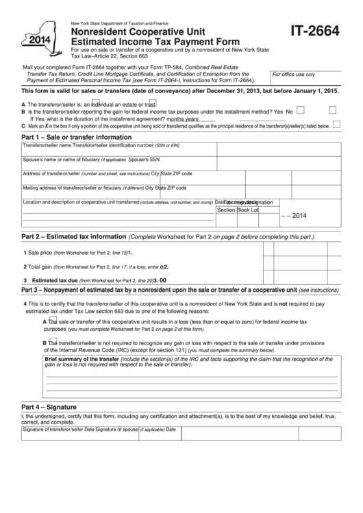 Fillable Form T-2664 - Nonresident Cooperative Unit Estimated Income Tax Payment Form - 2014 Printable pdf