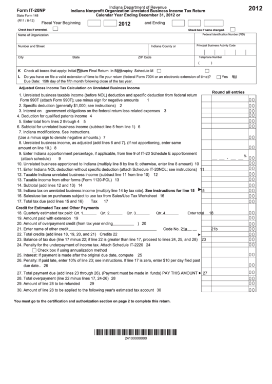 Fillable Form It-20np - Indiana Nonprofit Organization Unrelated Business Income Tax Return - 2012 Printable pdf