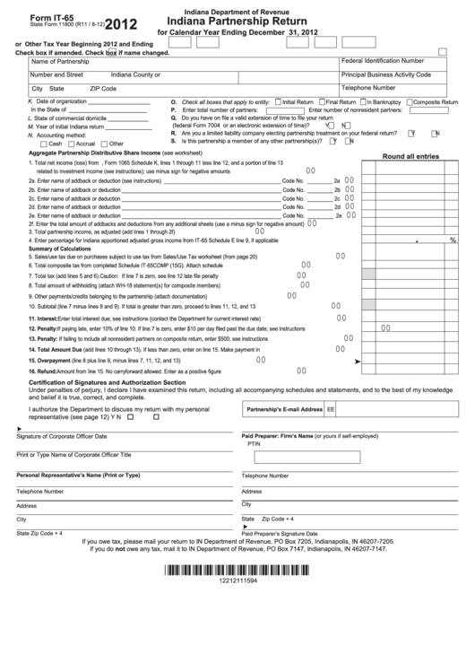 Fillable Form It-65 - Indiana Partnership Return - 2012 Printable pdf