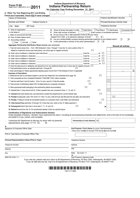 Fillable Form It-65 - Indiana Partnership Return - 2011 Printable pdf