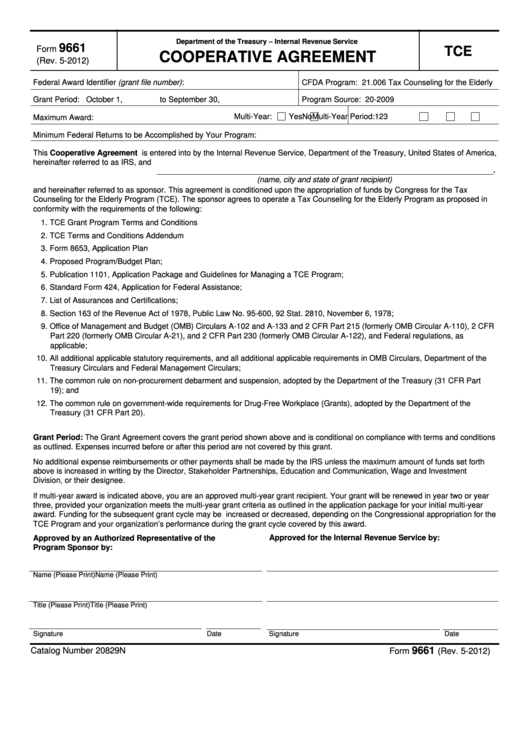 Fillable Form 9661 - Cooperative Agreement Printable pdf
