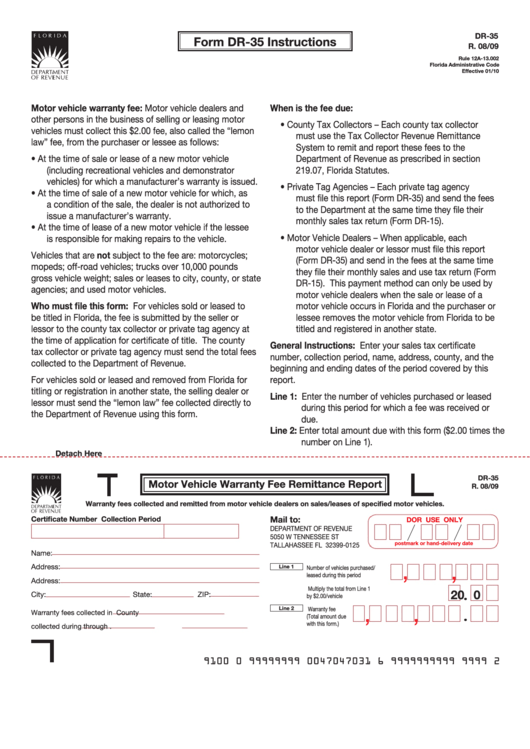 Form Dr-35 - Motor Vehicle Warranty Fee Remittance Report Printable pdf