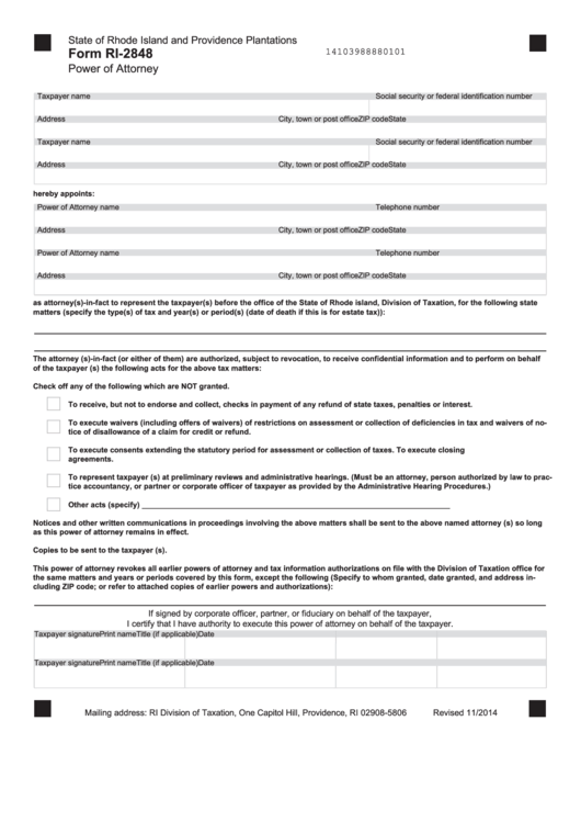 Form Ri-2848 - Power Of Attorney Printable pdf