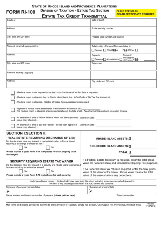 Fillable Form Ri-100 - Estate Tax Credit Transmittal Printable pdf