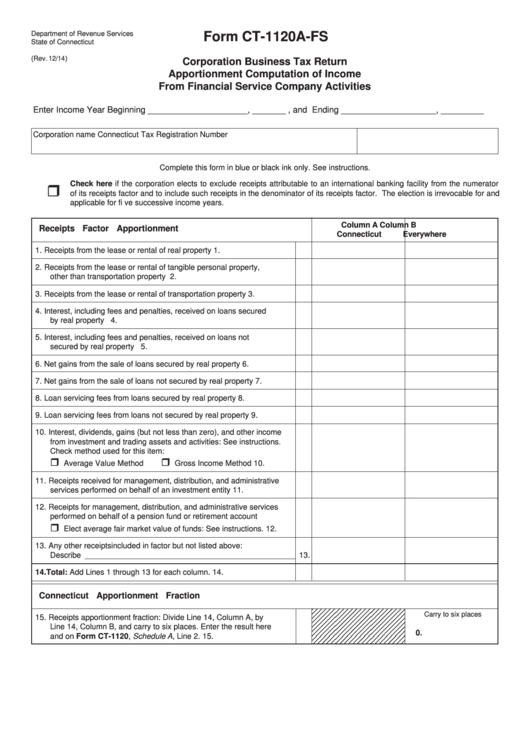 Form Ct-1120a-Fs - Corporation Business Tax Return Apportionment Computation Of Income From Financial Service Company Activities Printable pdf