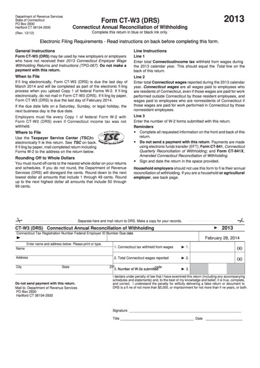 Form Ct-W3 (Drs) - Connecticut Annual Reconciliation Of Withholding - 2013 Printable pdf