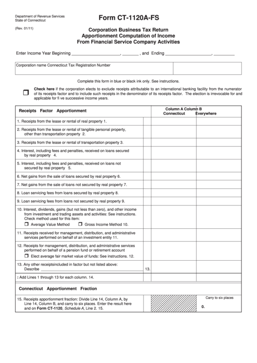 Form Ct-1120a-Fs - Corporation Business Tax Return Apportionment Computation Of Income From Financial Service Company Activities Printable pdf