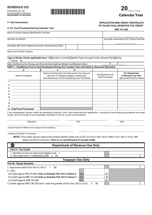 Schedule Cci (Form 41a720cci) - Application And Credit Certificate Of Clean Coal Incentive Tax Credit Printable pdf